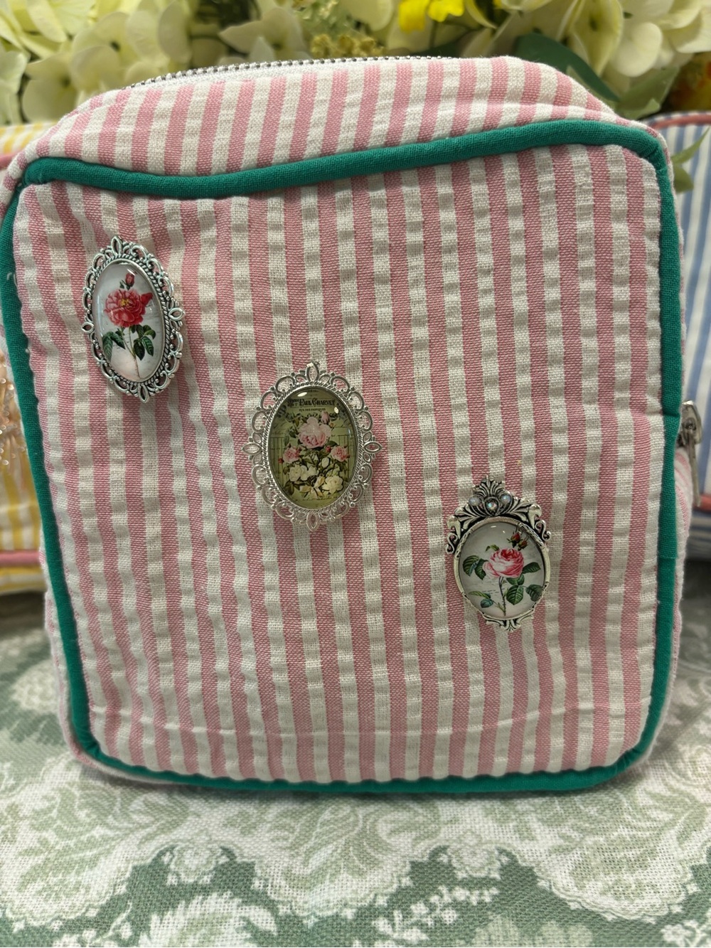 Pink & White Striped Cosmetic Pouch with Green Trim - Picture 2 of 3